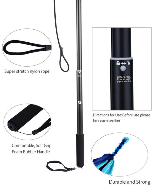 Black telescopic pet training rod with a black cord and two interchangeable braided fabric attachments in green/yellow and blue. - Image 15