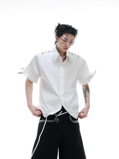 Camisa Suelta con Hebilla Metálica Deconstruida - Cardigan de Manga Corta Color Sólido - Image 15