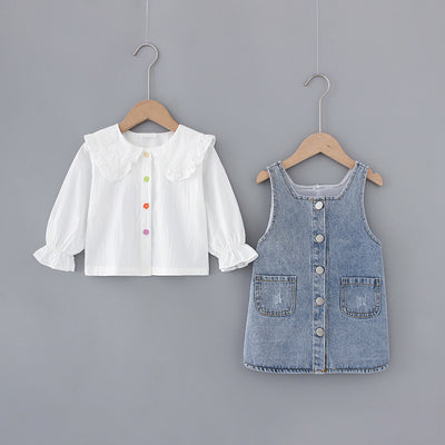 Conjunto Infantil Niña: Camisa Denim con Solapa Grande y Falda con Tirantes - Image 21