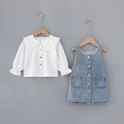 Conjunto Infantil Niña: Camisa Denim con Solapa Grande y Falda con Tirantes - Image 21
