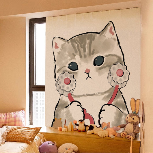 Cute cartoon curtain featuring a grey tabby kitten riding on a brown Shiba Inu puppy, with punch-free Velcro installation. - Image 21