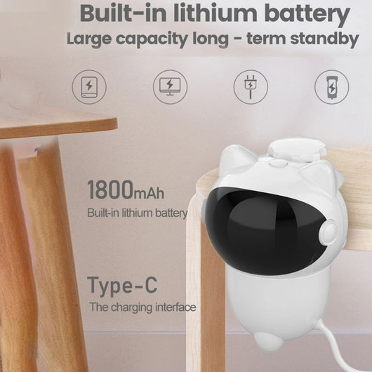 White cat-shaped intelligent laser toy with a black visor and a colorful feather wand attachment for pets. - Image 9