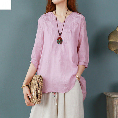 Blusa Larga Atrás Corta Adelante de Algodón y Lino con Bordado para Mujer - Image 5
