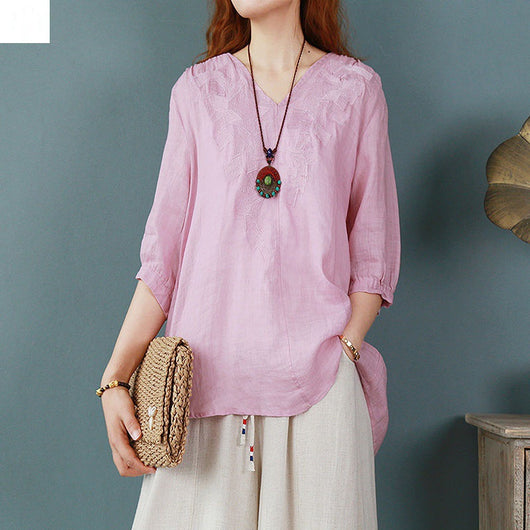 Blusa Larga Atrás Corta Adelante de Algodón y Lino con Bordado para Mujer - Image 5