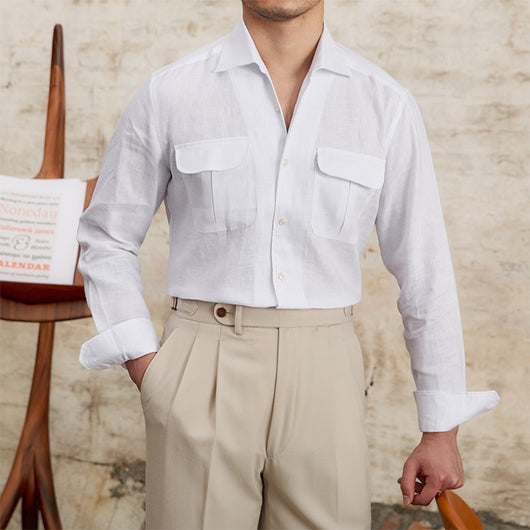 Camisa Retro de Lino Puro Transpirable Manga Larga para Hombre