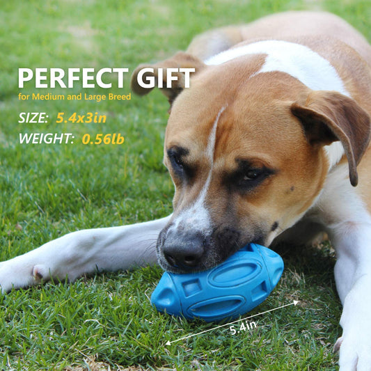 Orange rubber dog toy shaped like a rugby ball with hollowed-out sections, designed for wear-resistant chewing.