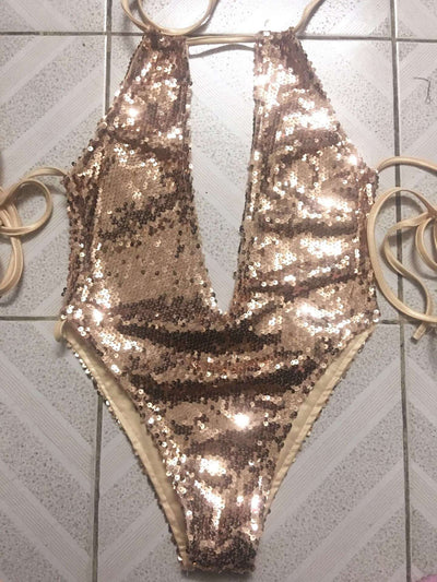 Bikini Enterizo Sexy con Lentejuelas y Cuello Halter Estilo Europeo - Image 12