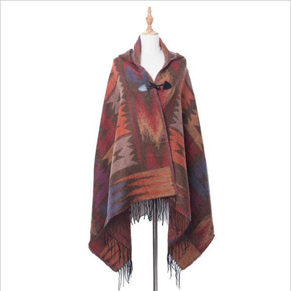 Poncho Étnico con Botones de Cuerno - Capa Cálida y Versátil