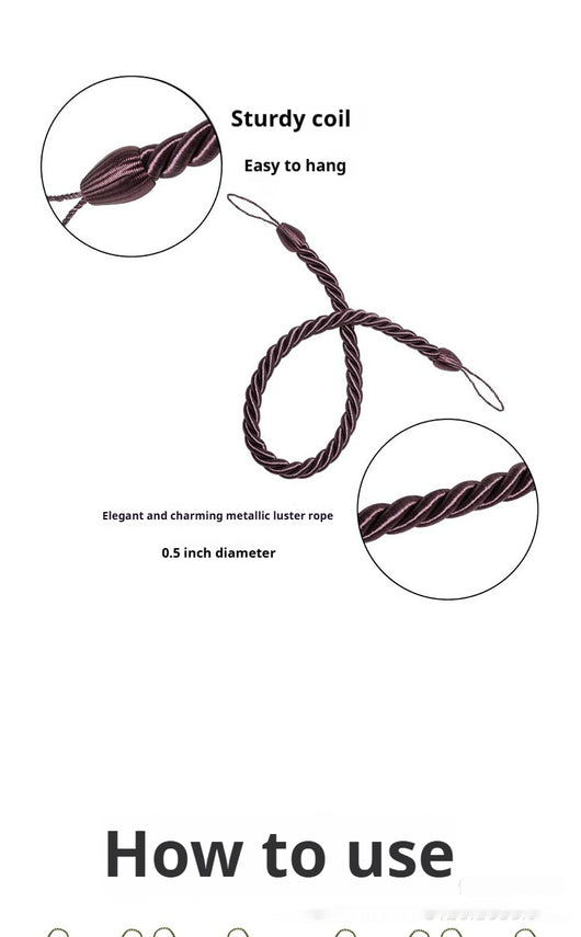 Four beige twisted rope curtain tie-backs with loops, shown with two silver screw-in hooks and on sheer white curtains. - Image 20