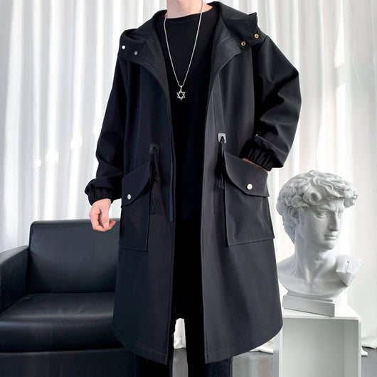 Chamarra Cortaviento Larga con Capucha y Bolsillos Amplios para Hombre - Image 3