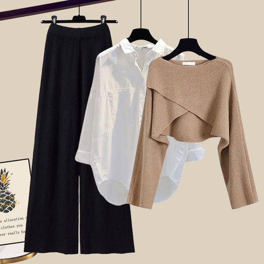 Conjunto de 3 Piezas: Suéter Tejido, Camisa y Pantalón Ancho - Image 10