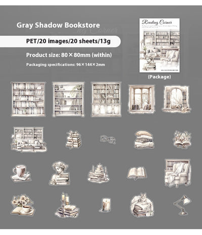 Set of 20 PET stickers featuring watercolor illustrations of cozy reading nooks, bookshelves, books, and related items. - Image 24