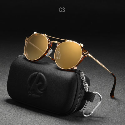Round frame sunglasses with light blue mirrored lenses and a gold-tone metal frame, featuring a double bridge. - Image 20
