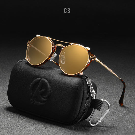 Round frame sunglasses with light blue mirrored lenses and a gold-tone metal frame, featuring a double bridge. - Image 20