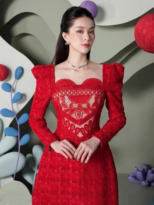 Vestido Rojo Elegante con Mangas Abullonadas para Fiestas y Año Nuevo