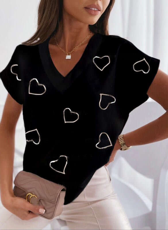 Camiseta Suelta con Escote V y Estampado de Corazones para Mujer