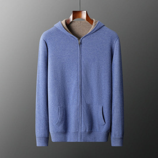 Cardigan Cashmere con Capucha y Cierre de Doble Cara para Hombre