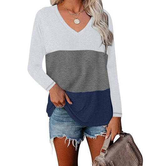 Blusa de Manga Larga con Cuello en V y Diseño Patchwork