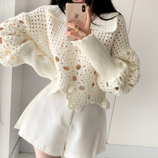 Suéter de Ganchillo Hueco con Mangas Abullonadas - Diseño Suelto y Nicho para Mujer