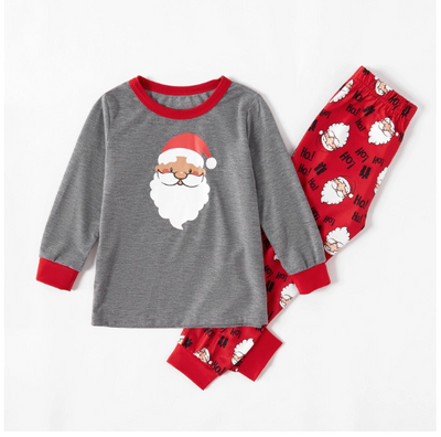 Children's grey and red long-sleeve pajama set with Santa Claus graphic on top and repeating Santa pattern on pants. - Image 5