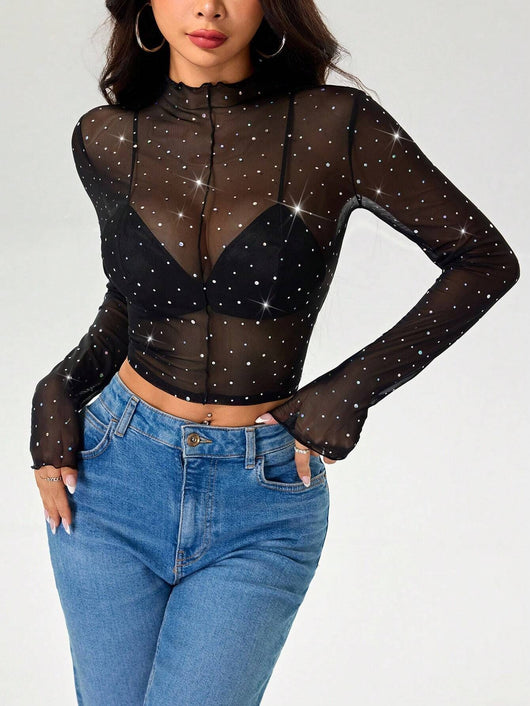 Blusa Transparente con Cuello Alto, Manga Larga y Lentejuelas Brillantes - Image 12
