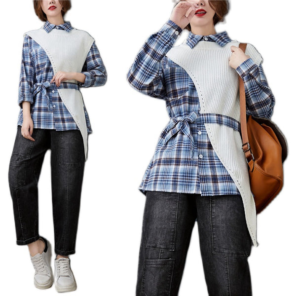 Conjunto de Dos Piezas: Camisa a Cuadros con Suéter Irregular