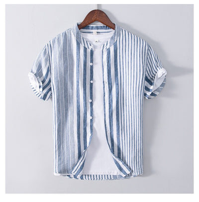 Camisa Casual de Lino Manga Corta a Rayas para Hombre Transpirable - Image 9