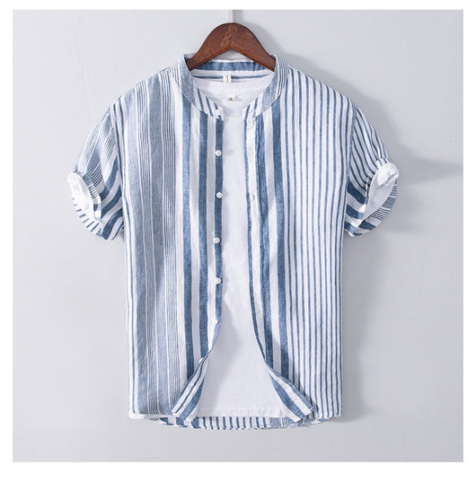 Camisa Casual de Lino Manga Corta a Rayas para Hombre Transpirable - Image 9