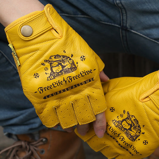 Guantes de Motocicleta Cuero Vacuno Amarillo Dedos Libres