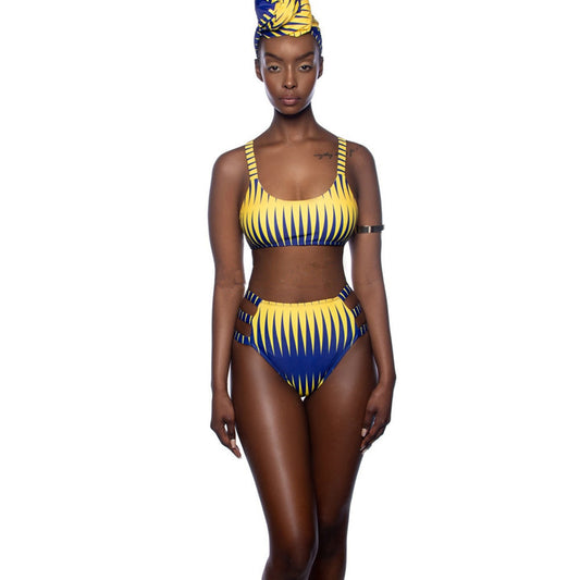Women's blue and yellow striped high-waist two-piece swimsuit with side cut-outs and scoop neck top. - Image 2