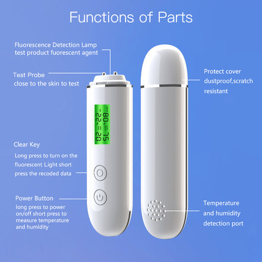 White rechargeable smart facial skin tester with green digital display, USB-C charging cable, and user manual. - Image 11