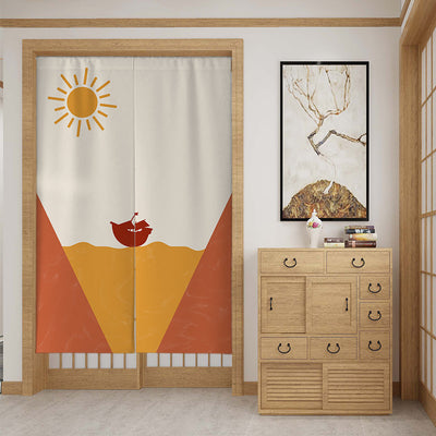 Fabric door curtain with a modern botanical design, featuring large green leaves, a snail, and geometric shapes. - Image 14