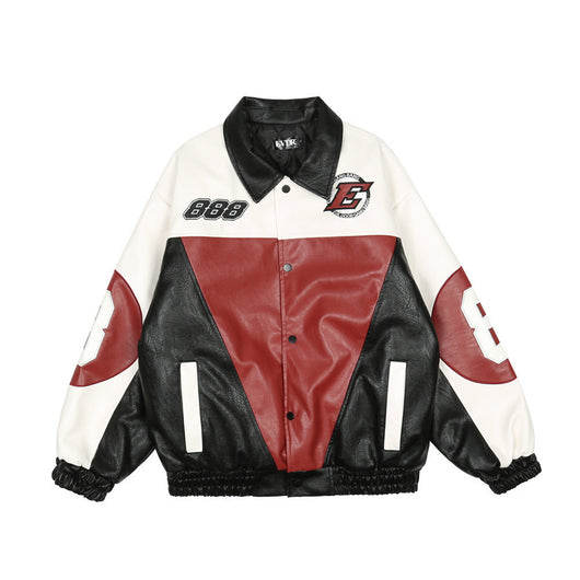 Chaqueta de Cuero PU con Letras Bordadas y Contraste de Colores para Hombre