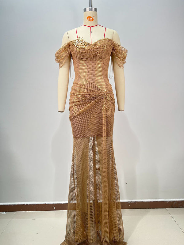 Vestido Largo Dorado Elegante Escote Descubierto Espalda Abierta Ajustado - Image 6