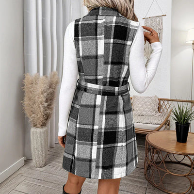 Women's Retro Plaid Vest with Laces and Turtleneck