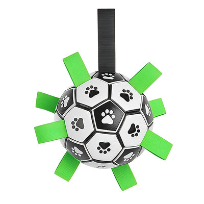 Black and white soccer ball dog toy with green fabric tabs and paw prints, 19cm, includes pump. - Image 4