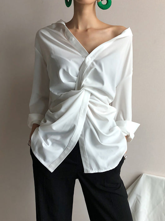 Camisa Suelta con Cuello en V Irregular - Primavera - Image 10