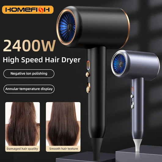 Gray professional hair dryer with a blue fan, 1875W, shown with a US 110V plug and a rotating air collector nozzle.