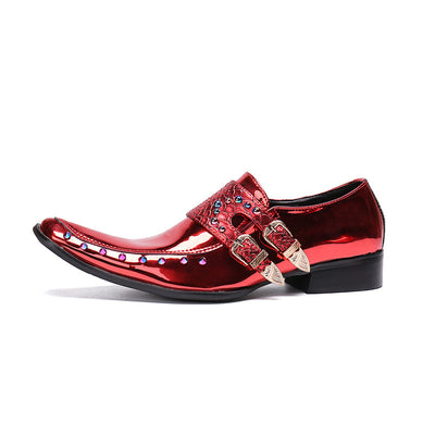 Zapatos de Cuero Ejecutivos Coreanos Hombre Punta Aguda Charol Grabado Vino Tinto - Image 9