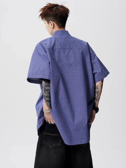 Camisa Preppy de Cuadros Azul Retro Americana de Manga Corta para Hombre - Image 12