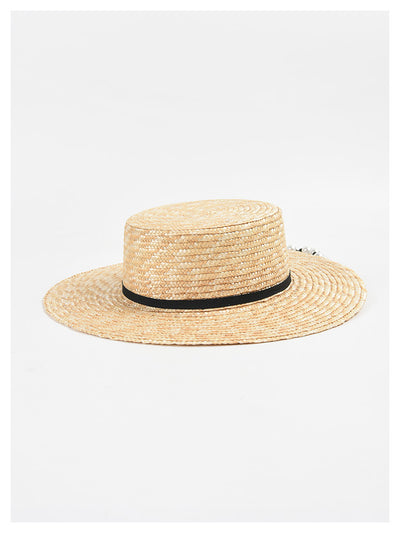 Sombrero de Paja Plano con Cadena de Perlas - Protección Solar Elegante - Image 5