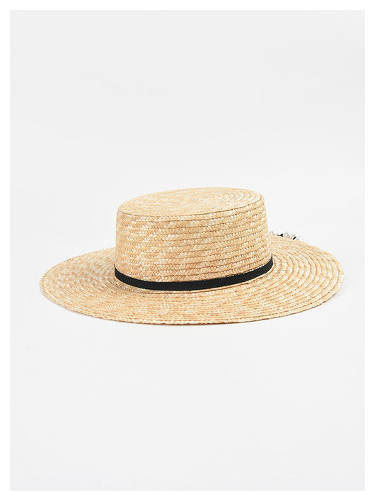 Sombrero de Paja Plano con Cadena de Perlas - Protección Solar Elegante - Image 5