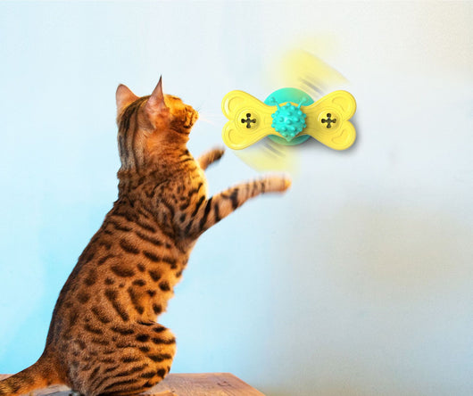 Green and yellow butterfly cat turntable toy with a textured ball, designed as a bite toy for cats. - Image 9