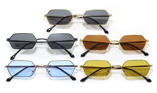 Women's polygonal sunglasses with gold frames and brown lenses, featuring a unique hexagonal shape. - Image 15