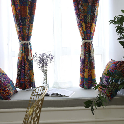 Bohemian retro style cotton linen curtains with a vibrant geometric patchwork pattern, one tied back with a rope. - Image 3