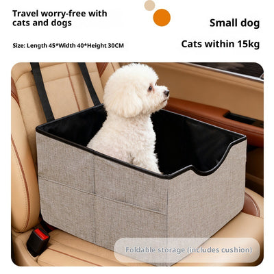 Beige pet car seat with a small white dog inside, secured to a car's passenger seat, designed for safe travel. - Image 9