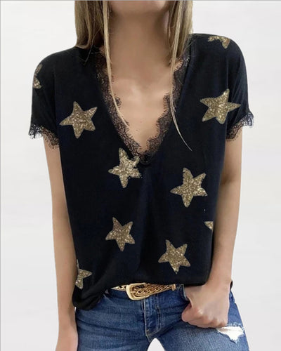 Blusa Estampada con Escote en V y Detalles de Encaje - Image 2