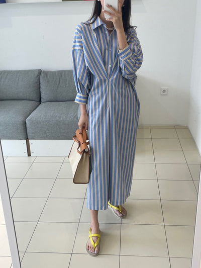 Vestido Camisero Plisado a Rayas Contraste - Manga Larga Holgado - Image 9