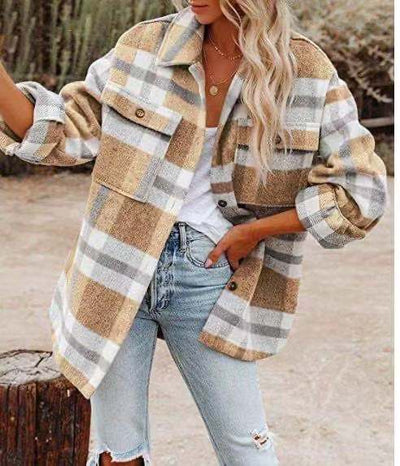 Chaqueta de Lana Cuadros para Mujer Manga Larga Suelta - Image 6