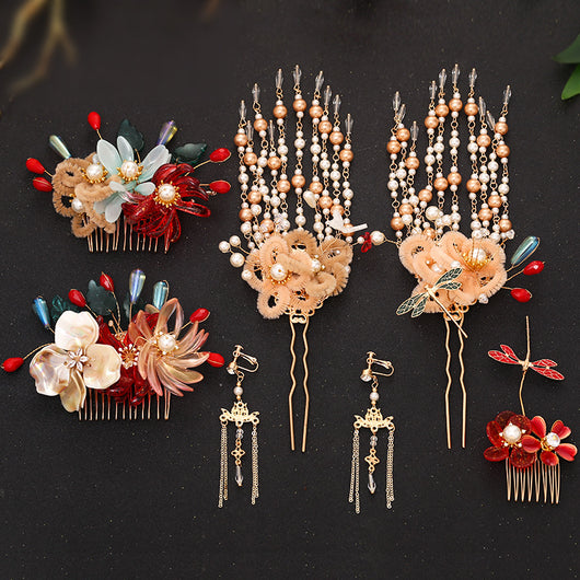 Tocado Estilo Antiguo con Flores Rojas y Flecos - Corona de Pelo Nupcial - Image 33